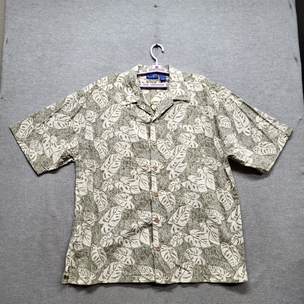 Ocean Pacific Men Button Up Shirt XL Beige Leaf Print‎ Hawaiian Short Sleeve